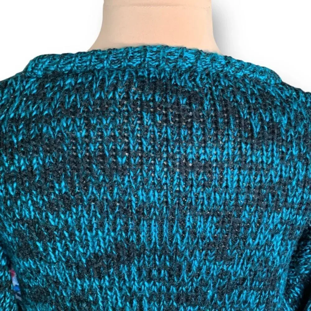 Vintage Street Scene Teal Black Checkered Plaid Loose Knit Pullover Sweater‎